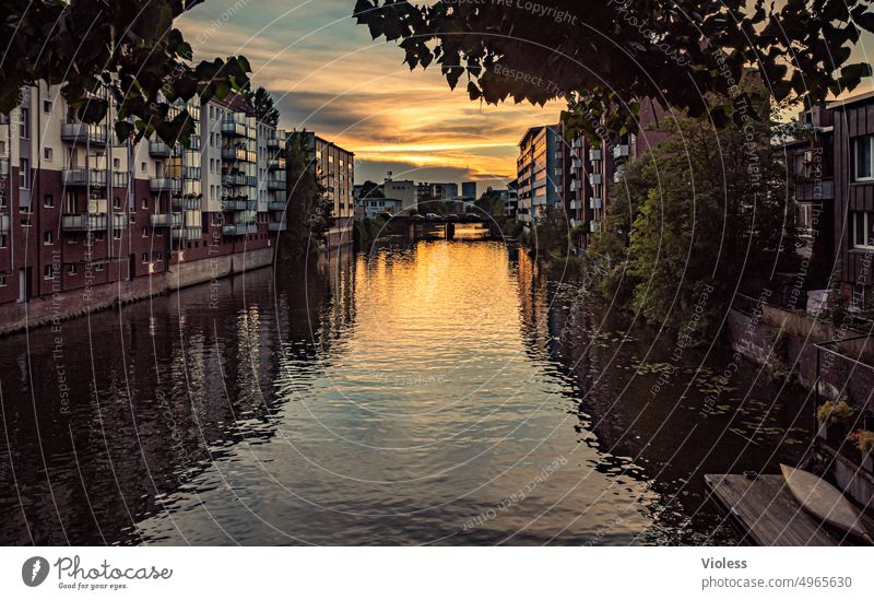 Places that mean something | Hamburg Sunset Channel South Channel Apartments Orange rented apartment High-rise Bridge Evening reflection Balcony