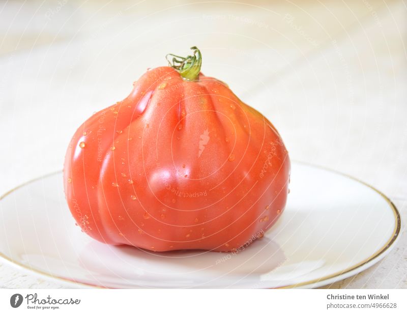 An ox heart tomato on a white plate with gold rim Ox heart tomato Tomato beef tomato Vegetable Mature Red tomato variety ox heart tomatoes Food Delicious