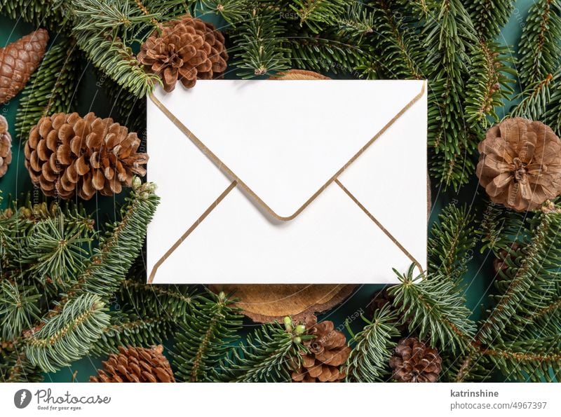 Christmas  blank envelope between fir branches and pine cones on green top view christmas mockup holiday New year template winter paper greeting white