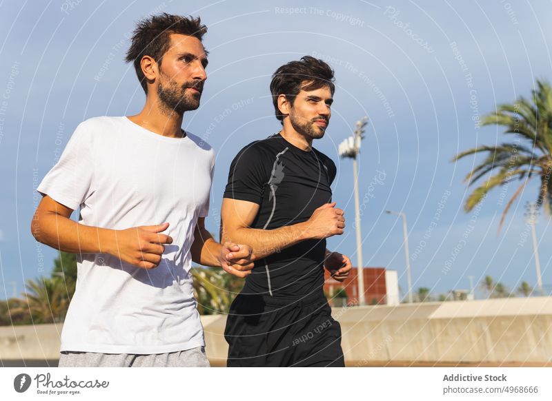 Hispanic sportsmen running in park training fitness together exercise cardio jog male workout athlete blue sky cloudy jogger practice energy hispanic ethnic