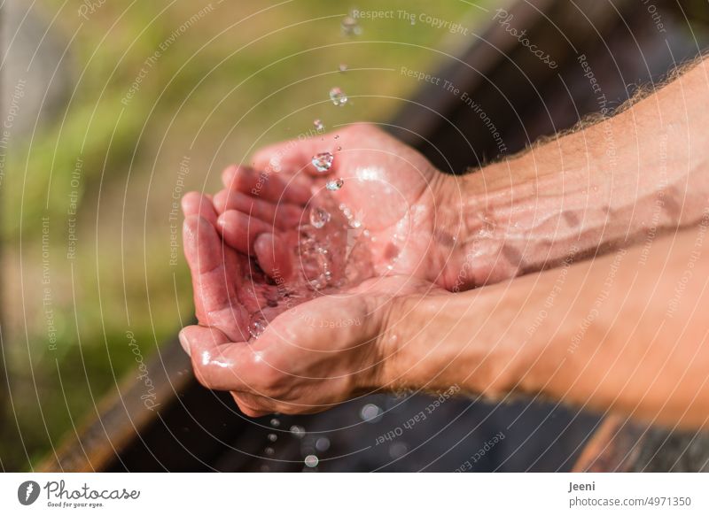 Fresh water Water Drops of water Jet of water hands Arm Man Drinking Wash Wet Clean Refreshment Cold Flow chill Pure Clarity Fluid Thirst Nature mountain