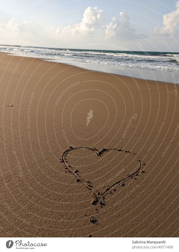 Heart on the beach Sand Beach Water Ocean Waves Summer Sun wide Clouds vacation Freedom Relaxation Sky travel Longing Love Wanderlust Nature