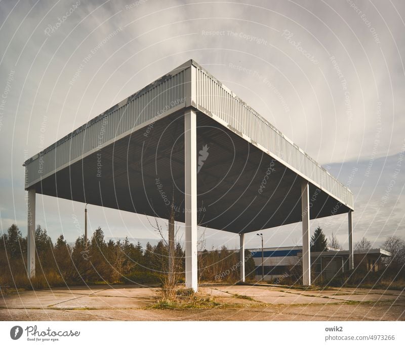 gigantic Table table legs Petrol station abandoned Vacancy Places Concrete Central perspective Old Roof Massive piers Weather protection Large Tall huge