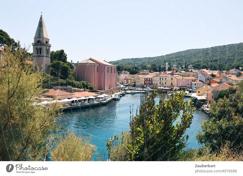 View of Veli Lošinc harbor with church and harbor basin Harbour Croatia Mediterranean sea Church Ocean Summer Vacation & Travel Tourism Bay Travel photography