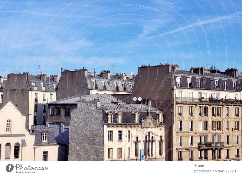 Paris houses apartment buildings Town house (City: Block of flats) roofs chimneys Blue sky Exterior shot Colour photo Facade Building Window Manmade structures