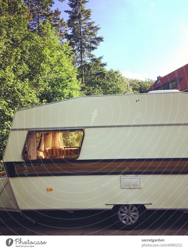 Bourgeois idyll Camping car Driving vacation travel Vintage car vintage Yellow Window Old Retro Car Vehicle Transport Vacation & Travel Street Exterior shot