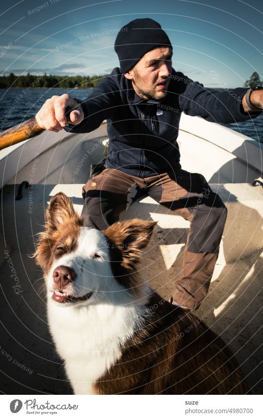 One always laughs ;) Dog Purebred Pet Man Rowboat Water Lake Lakeside Rowing Animalistic Boating trip Vacation & Travel Trip Exterior shot Summer Landscape