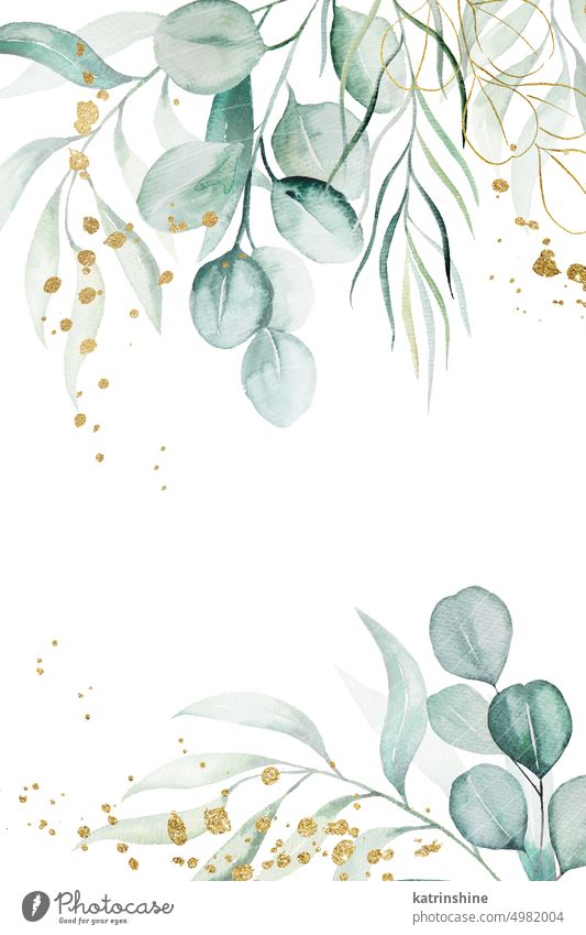 Background borders made of green watercolor eucalyptus leaves, wedding illustration Birthday Botanical Decoration Drawing Element Foliage Garden Hand drawn