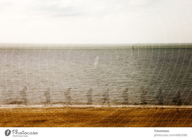 Walking, just walking... North Sea Water Waves Smooth White crest Beach Sand Human being Going Hiking multiple exposure look Observe Meditation Denmark