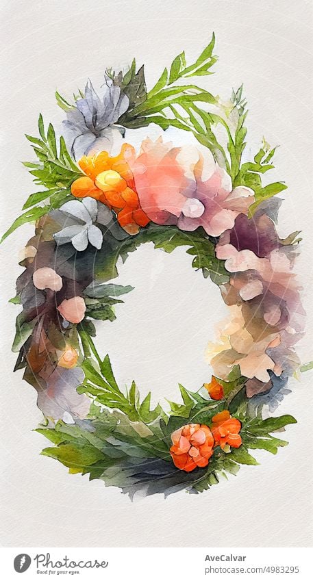 Watercolor simple floral wreath and plant branches wreath, hand painted on a white background,Scandinavian style with greenery, Round holiday frame for invitations, greeting cards. Boho lifestyle