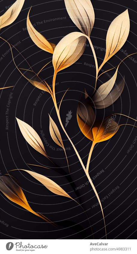 Luxury flowers digital illustration background with gold colors in line art style. Botanical poster with watercolor leaves in art line style for decor, design, wallpaper, packaging