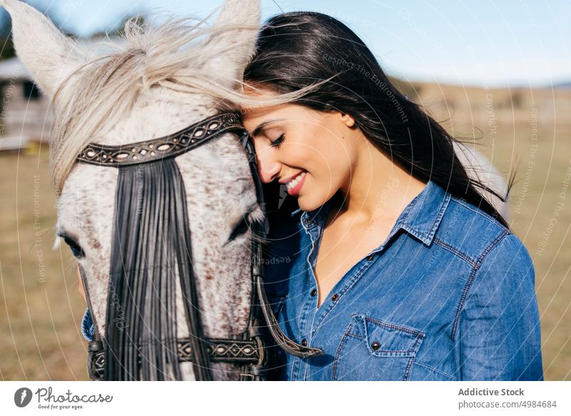 Wonderful woman stroking beautiful horse caress together animal young equine nature friend leisure romantic land lifestyle countryside pasture white fur idyllic