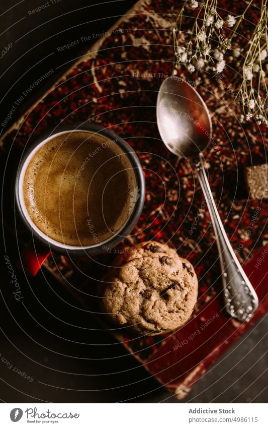 Homemade chocolate chips cookies baked book crunchy food coffee homemade rustic sugar sweet tasty cup delicious morning paper read vintage handmade cuisine