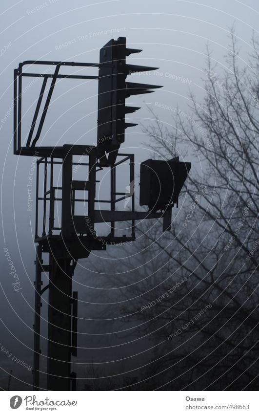 beacon Signal Railroad Electricity pylon Telegraph pole Broadcasting tower Fog Haze Tree Branch November Autumn Bleak Cold Monochrome Silhouette Gray Black