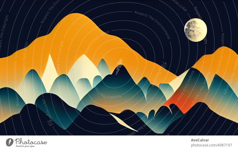 Poster template with wild mountains landscape. Design element for banner, flyer, card. Digital artistic illustration. geometric form, nature tourism landscape background, travel mountains adventure