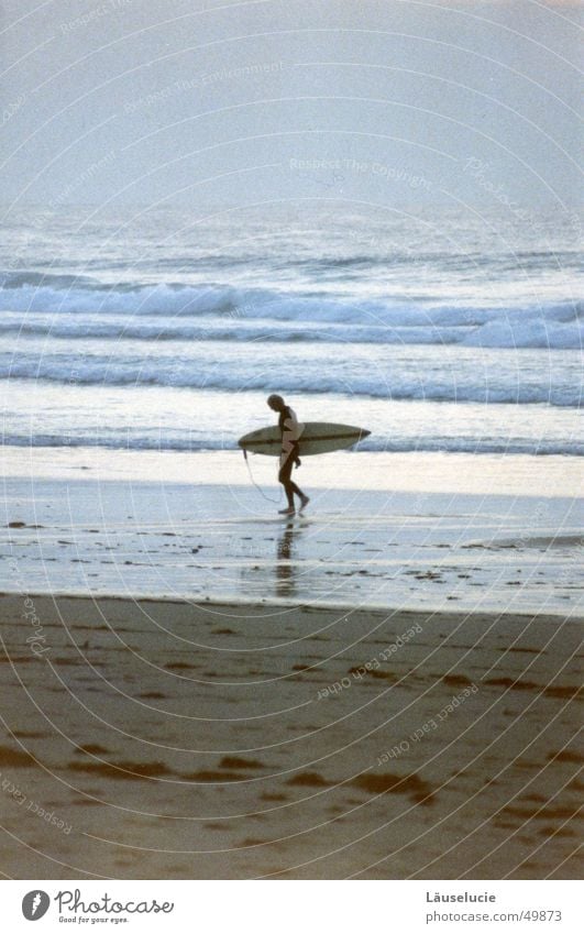 going home Summer Surfer Atlantic Ocean France Beach Wet Dark Waves Evening Walking Water Wooden board Sand