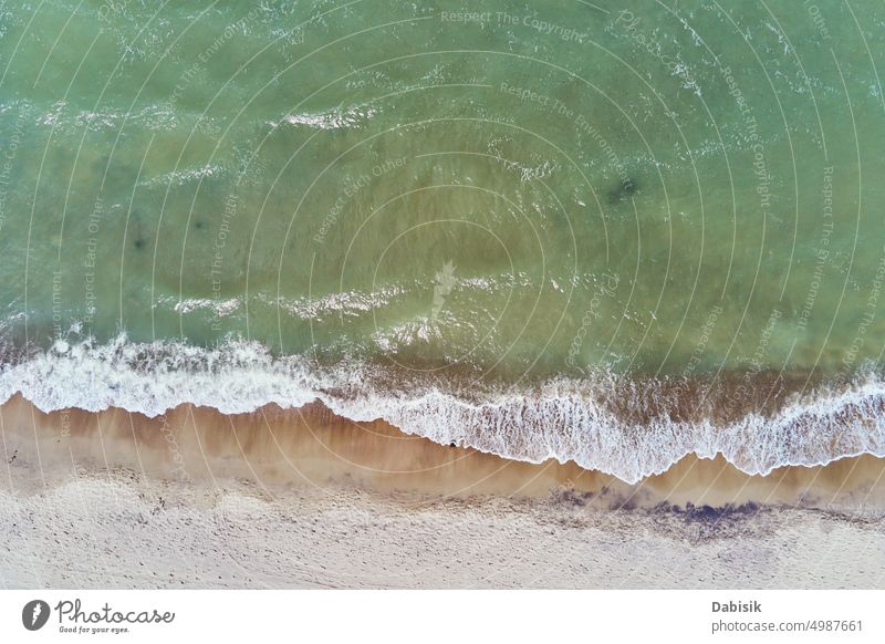 Coastline with blue sea waves and sand beach, top view ocean aerial water background above shore summer tropical sandy nature travel landscape vacation coast