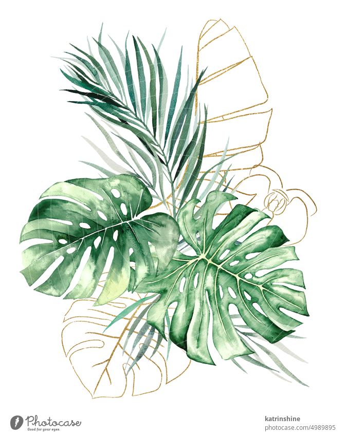 Bouquet made of Green and Golden tropical watercolor leaves, isolated wedding illustration Botanical Decoration Element Exotic Foliage Hand drawn Holiday