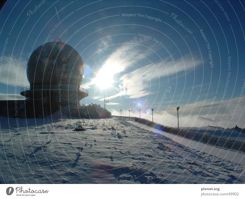 radome Radar station Wasserkuppe Transmitting station Back-light Rhön Mountain Snow Sun Sky