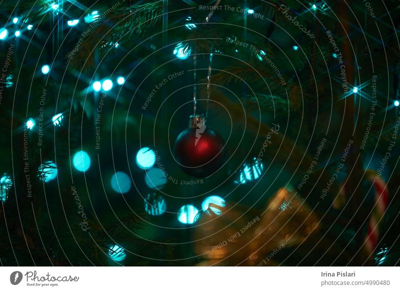 Close up of holiday electric blue garlands on fir branch with Christmas tree decoration and candy sweet. Candy cane hanging onto the branch of a Christmas tree