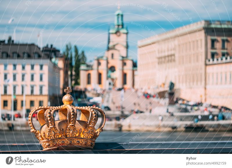 Stockholm, Sweden. Skeppsholmsbron - Skeppsholm Bridge With Its Famous Golden Crown In Stockholm, Sweden. Famous Popular Place Landmark Destination. Scandinavia Travel