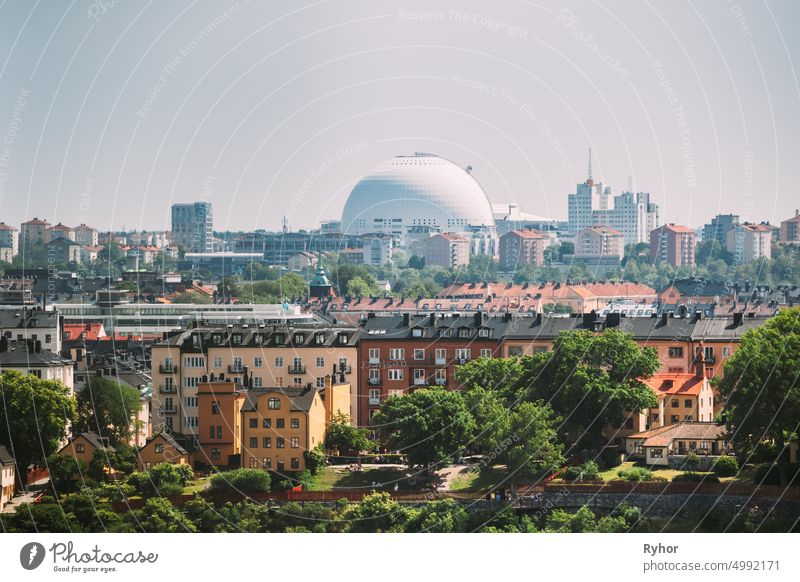 Stockholm, Sweden. Ericsson Globe In Summer Skyline. It's Currently The Largest Hemispherical Building In The World, Used For Major Concerts, Sport Events