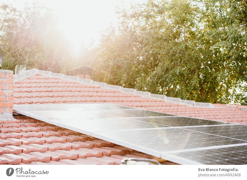 solar panels on roof during sunrise.Renewable energies and green energy concept. nobody house water drops daytime landscape plant exterior technology field