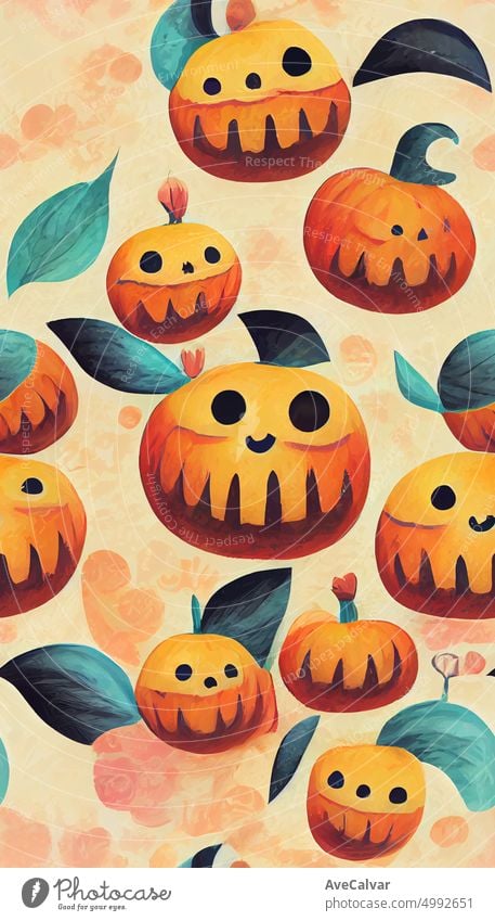 Cute Hand Drawn Halloween Cards and Pattern. Little White Ghost on a Black Background. Happy Halloween. Trick or Treat. Sweet Little Pumpkins halloween night