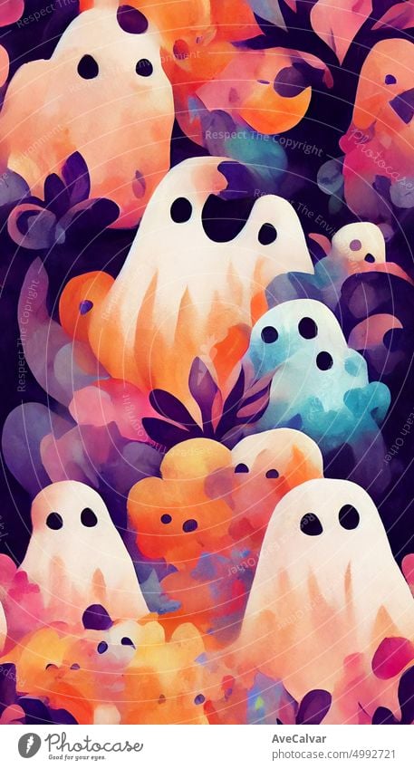 Halloween.Cute colorful Pumpkin. Scull. Ghosts. Hand drawn watercolor illustrations.engraving style.banner design ghost halloween horror scary cartoon bat party