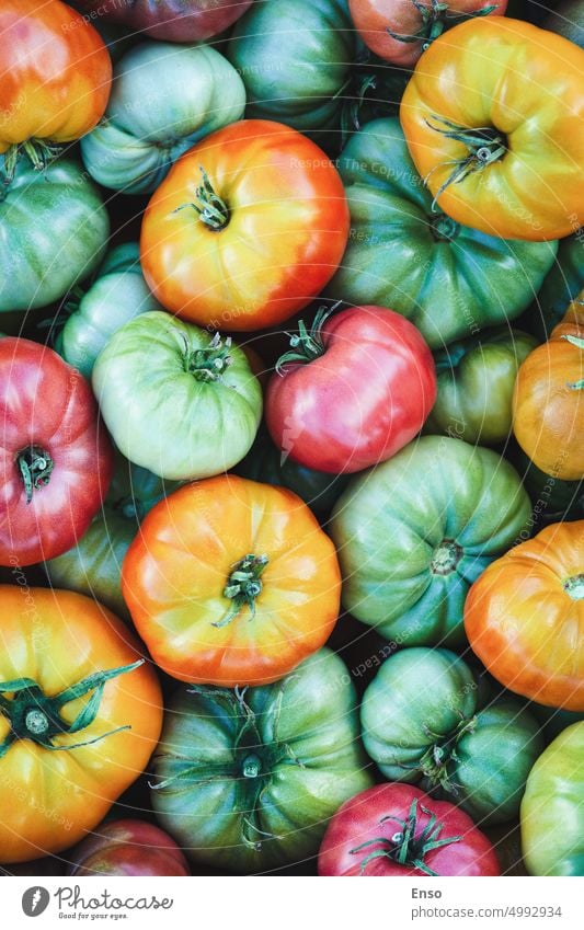 Green yellow red tomatoes food background, harvested tomatoes texture green yellow red tomatoes colors orange organic vegetable fresh healthy vegetarian ripe