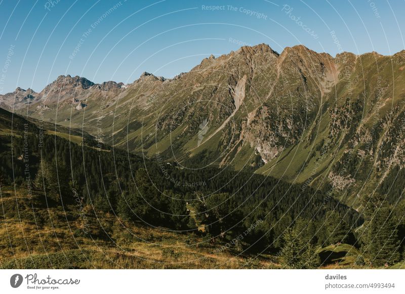 Morning view of Paraid Naira peak in summer, in the Alps, from Idalpe Ski Station, in Ischgl, Tyrol, Austria alpine alps austria cloud environment europe