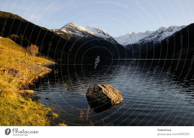 Mountain lake, evening Tourism Environment Nature Landscape Water Sky Autumn Beautiful weather Alps Peak Snowcapped peak Coast Lakeside Blue Brown Yellow Gold