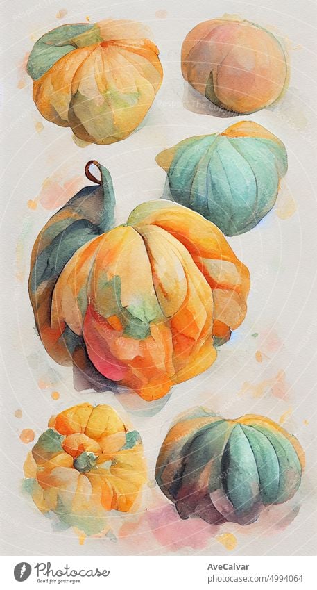 Big watercolor set with pumpkins for hallowen, pattern, scary party invitation concept. Hand drawn watercolor illustration.Autumn, harvest, thanksgiving card, stationery, fall wedding invitation