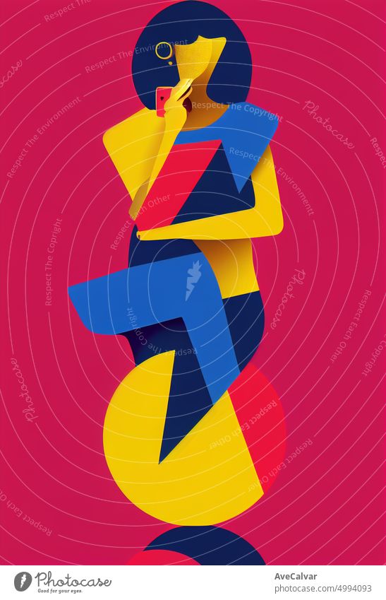 Illustration of a woman with a smartphone. Colorful abstract design,Flat design concept with fine lines. Perfect for web design, banner, mobile app, landing page.