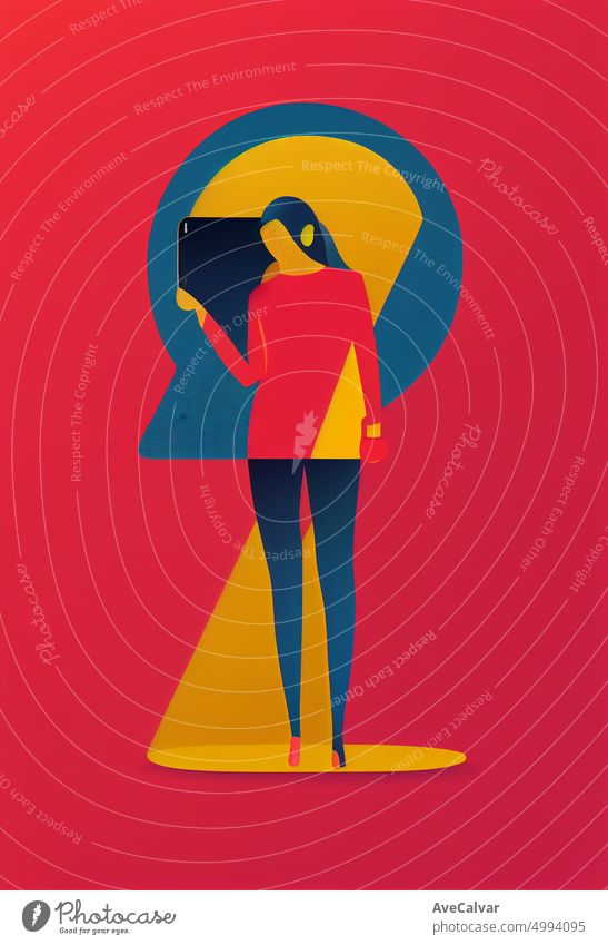 Illustration of a woman with a smartphone. Colorful abstract design,Flat design concept with fine lines. Perfect for web design, banner, mobile app, landing page.