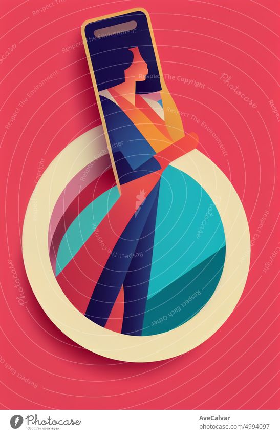 Illustration of a woman with a smartphone. Colorful abstract design,Flat design concept with fine lines. Perfect for web design, banner, mobile app, landing page.