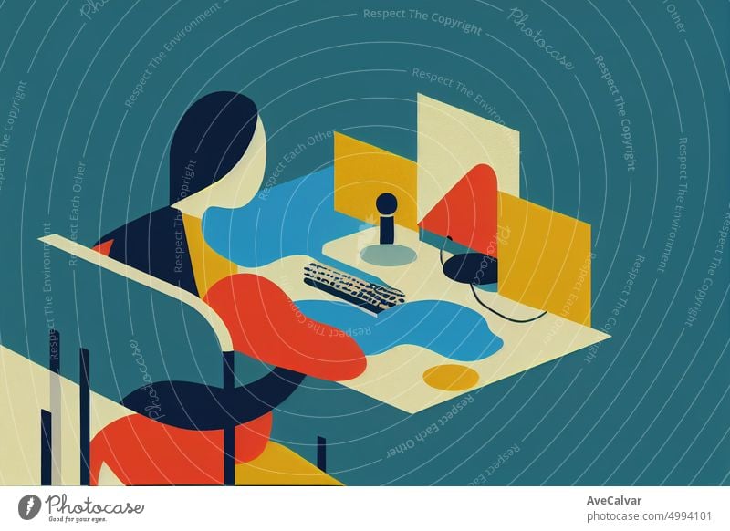 Illustration of a people working on laptop at office. Colorful abstract design,Flat design concept with fine lines. Perfect for web design, banner, mobile app, landing page.