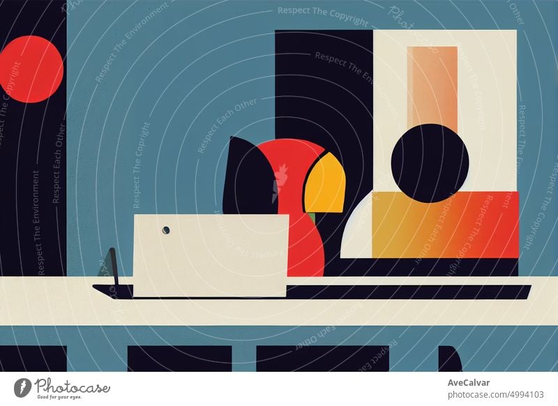 Illustration of a people working on laptop at office. Colorful abstract design,Flat design concept with fine lines. Perfect for web design, banner, mobile app, landing page.