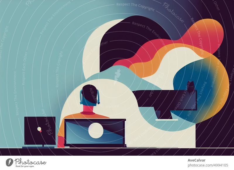 Illustration of a people working on laptop at office. Colorful abstract design,Flat design concept with fine lines. Perfect for web design, banner, mobile app, landing page.