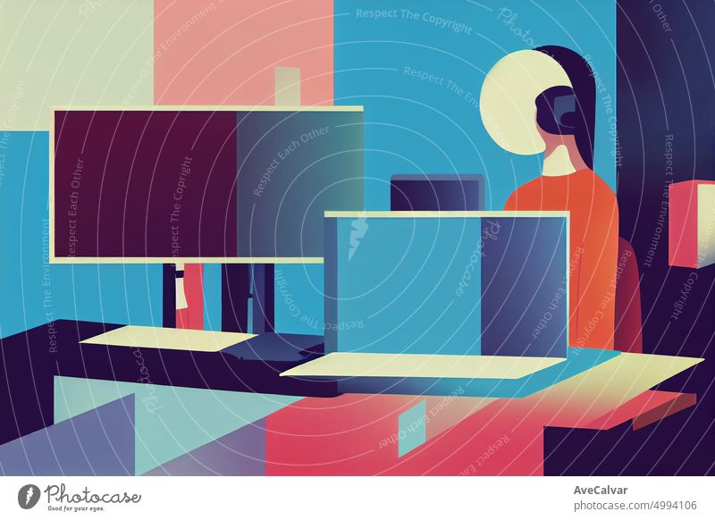 Illustration of a people working on laptop at office. Colorful abstract design,Flat design concept with fine lines. Perfect for web design, banner, mobile app, landing page.