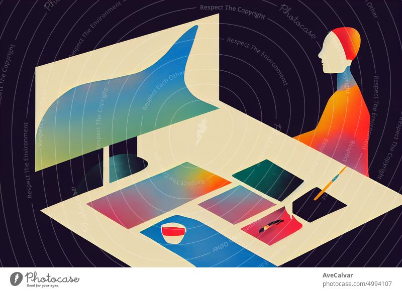 Illustration of a people working on laptop at office. Colorful abstract design,Flat design concept with fine lines. Perfect for web design, banner, mobile app, landing page.