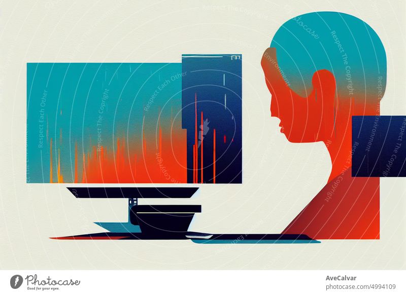 Illustration of a people working on laptop at office. Colorful abstract design,Flat design concept with fine lines. Perfect for web design, banner, mobile app, landing page.