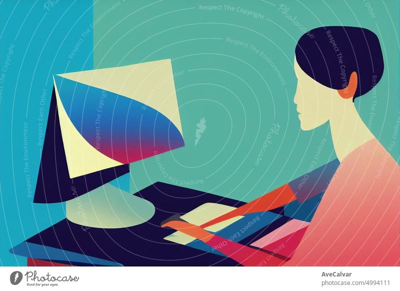 Illustration of a people working on laptop at office. Colorful abstract design,Flat design concept with fine lines. Perfect for web design, banner, mobile app, landing page.