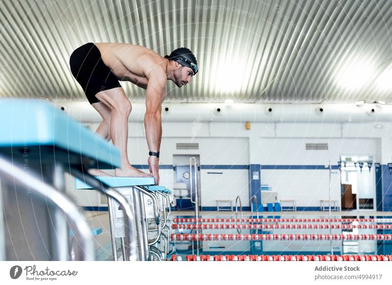 Swimmer on block above pool indoors swimmer lean forward platform sport swimming prepare professional muscular man sportsman swimwear body starting stand