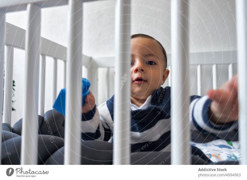 Adorable infant sitting in crib baby kid child childhood sweet adorable cute cot little curious interest active tender childcare innocent attentive gentle