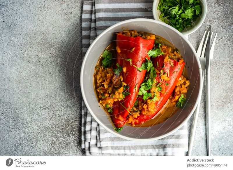 Stuffed bell peppers stewed with rice Bharva Hari Mirch Bharvan Mirch India cooked coriander cuisine diet dinner dish eat eating food grey herb indian kitchen