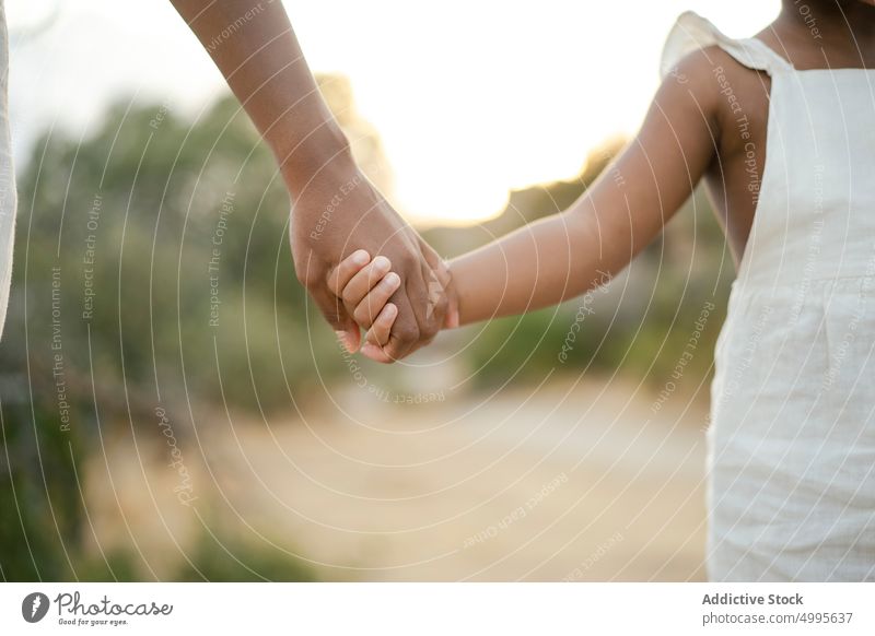 Crop black mother and kid holding hands child nature sunset love together trust unity tender mom parent childhood motherhood relationship ethnic