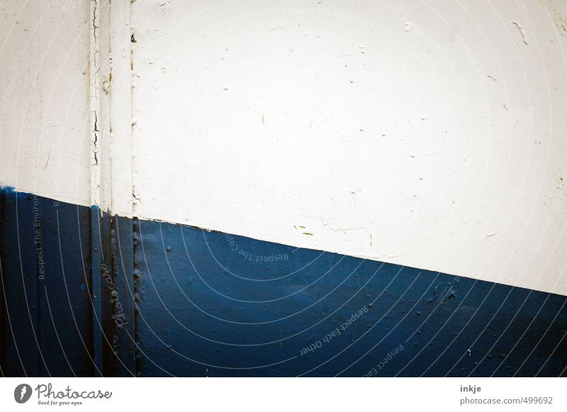 The horizon is crooked Deserted Navigation On board Ship's side Line Tilt Blue White Diagonal Downward Contrast Colour photo Exterior shot Close-up Detail