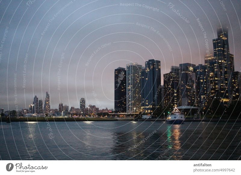 Lake Michigan Lighting Chicago clearer Night life Vantage point Vacation & Travel Water Reflection River Landmark Architecture cityscape Exterior shot Building