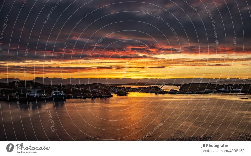 Sunrise in Stavanger V North Sea Norway Baltic Sea Sunlight Sunrise - Dawn Light Red Orange purple Violet Clouds Bridge Sky Exterior shot Colour photo Nature